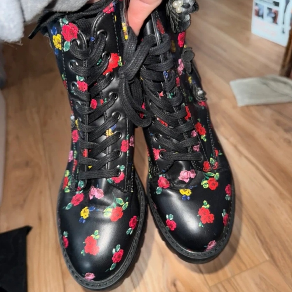 Betsey Johnson Black Embroidered Floral Lace-Up Combat Boots - Picture 2 of 5